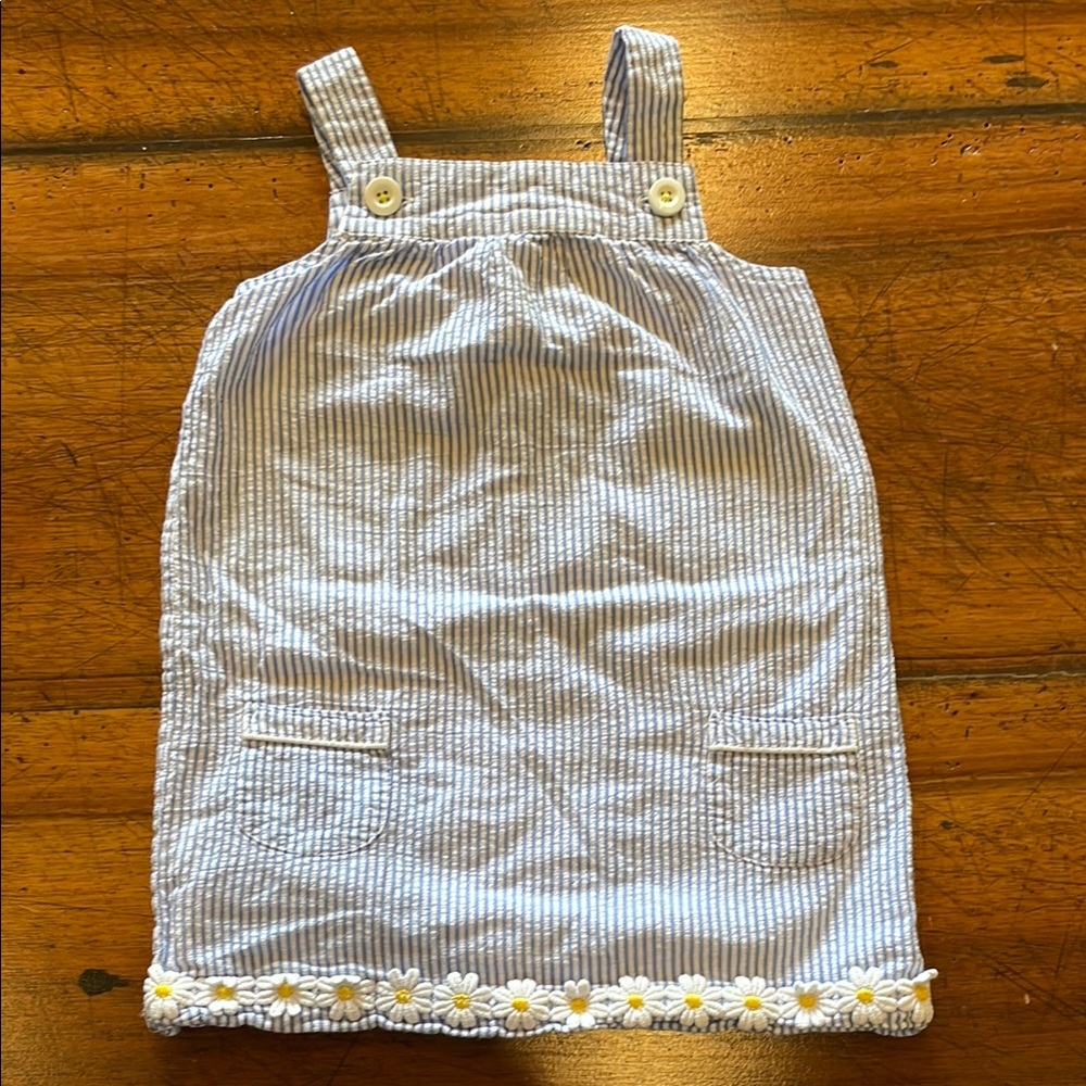 BABY BODEN | Striped Blue and White Seersucker Dress with Daisy Trim | 18-24m